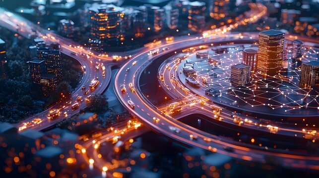 Futuristic quantum computing system visualizing and optimizing real time traffic flows in a smart city with dynamic 3D road networks and vehicle simulations leaving copy space at the top
