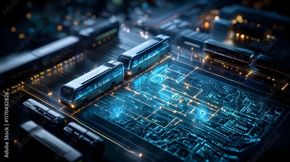 Poster visualization of a quantum powered public transport scheduling system showcasing holographic trains 