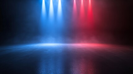 Abstract background with blue and red light rays in a dark room with fog and a reflective floor