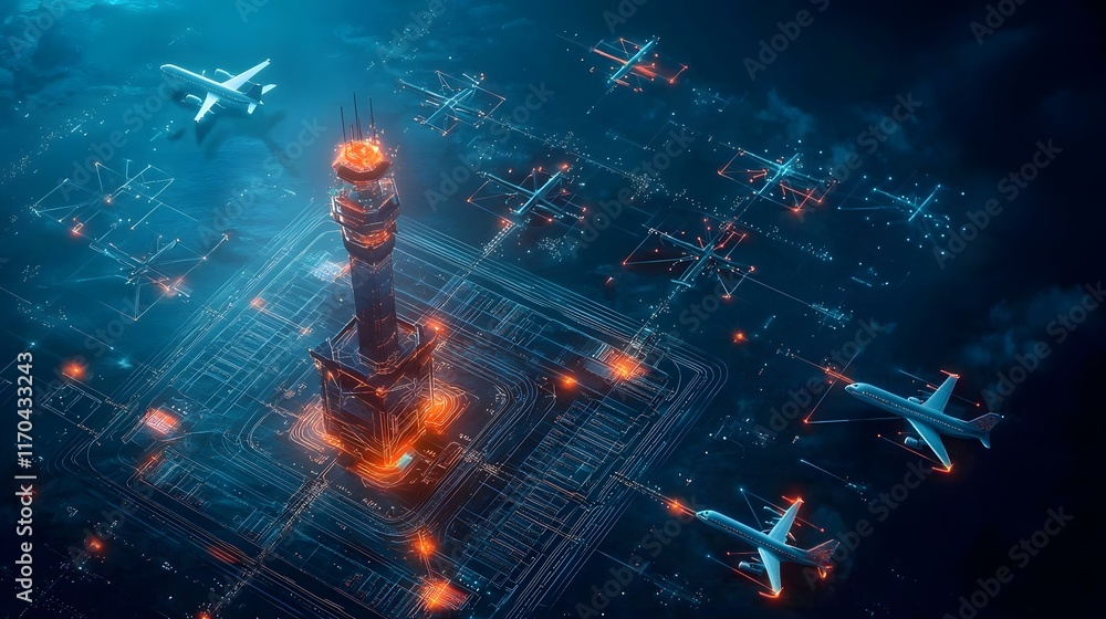 Poster quantum computing model forecasting air traffic patterns with glowing holographic airplanes and cont
