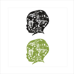Vector illustration of a baby’s head silhouette filled with symbols of healthy nutrition