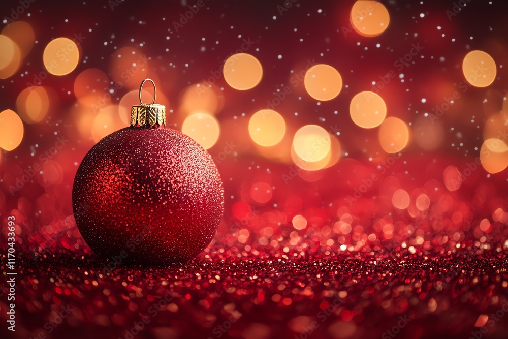 Aufkleber a single red christmas ornament sits on a sparkling red surface with bokeh lights in the background.