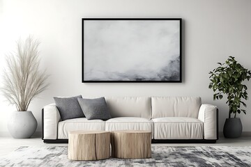 large black frame mockup on white wall with minimalist furniture below