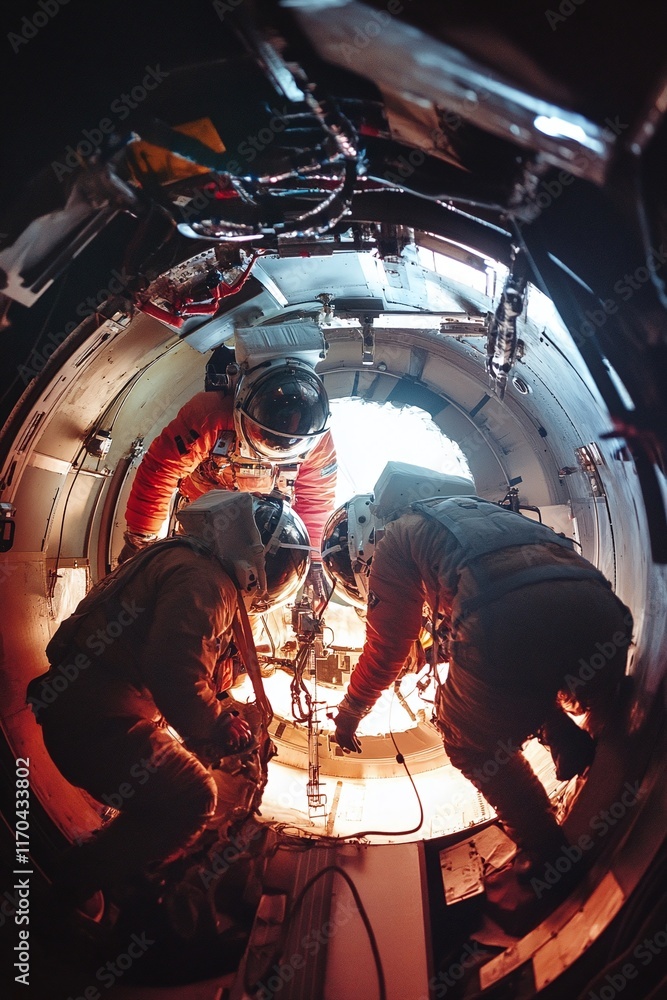 Poster scientists conducting experiments in zero gravity aboard a space station. humanity's expansion into 