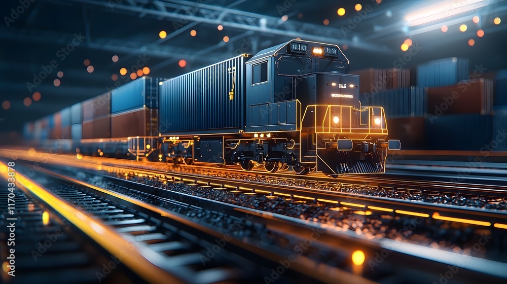 Poster holographic representation of quantum computing technology optimizing freight train routes across co