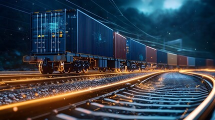 Fototapeta premium Holographic visualization of quantum computing algorithms optimizing freight train routes and logistics across continents with glowing railway tracks and containers