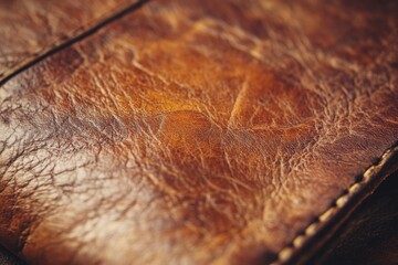 Close-up texture of rich brown leather.  Natural grain and stitching detail.