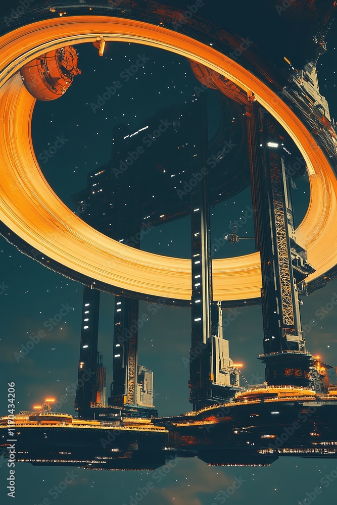 Poster shipyard floating in the rings of saturn constructing giant spacecraft. humanity's expansion into sp