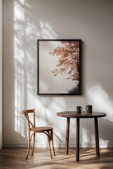 vertical picture frame mockup on white wall with light shadows