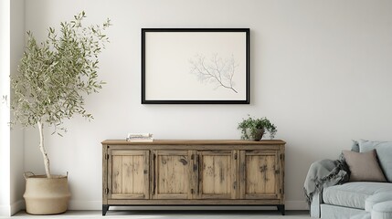 simple black frame mockup on white wall with stylish modern furniture below