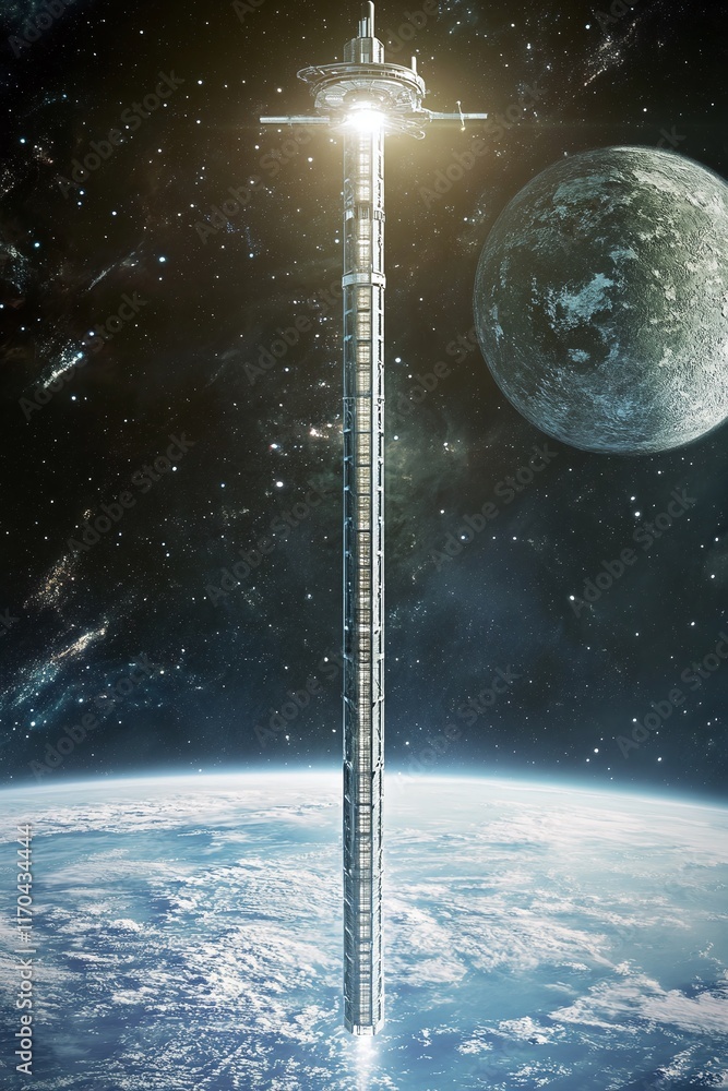 Poster space elevator extending from earth to an orbiting station. humanity's expansion into space