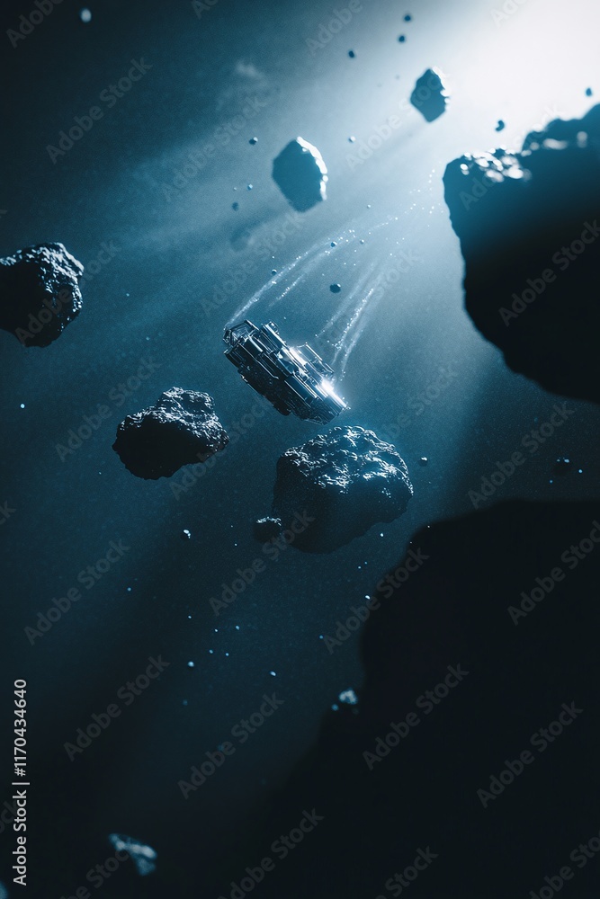 Poster spacecraft navigating through the asteroid belt mapping future resources. humanity's expansion into 