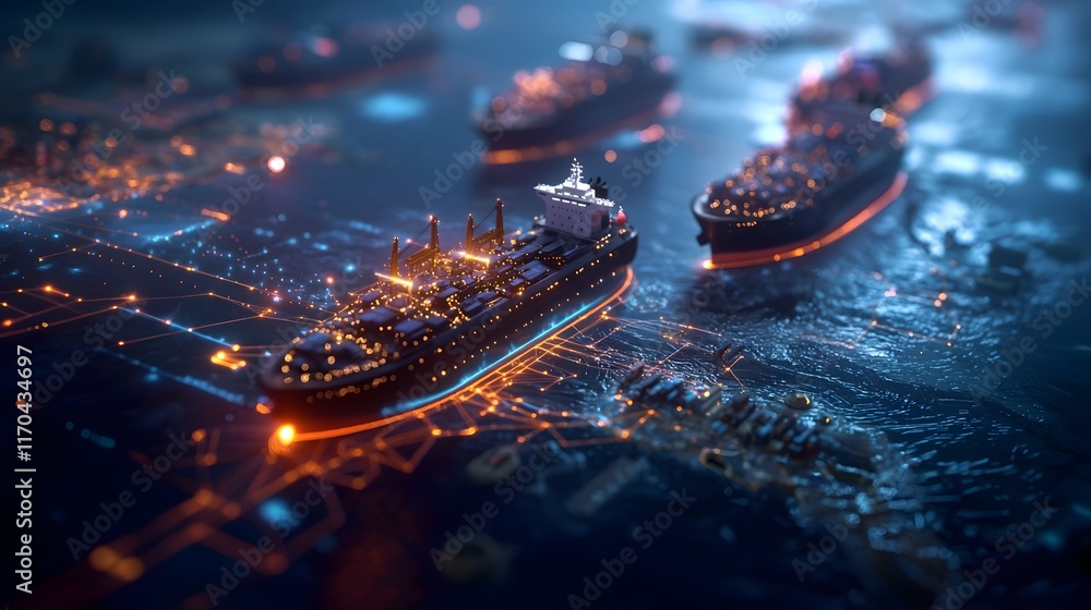 Poster a virtual quantum model showcasing the intricate maritime transport networks with glowing ship route