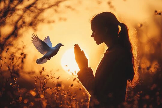 Serene Praying Woman Silhouette at Sunset with Holy Spirit Dove Descending Capturing Faith and Divine Grace