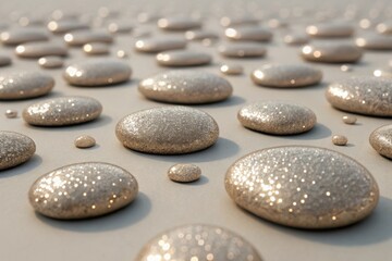 Shiny pebbles scattered on a smooth surface reflecting light in intricate detail