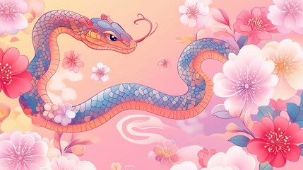 Digital icons and stickers featuring playful snake designs, cherry blossoms.