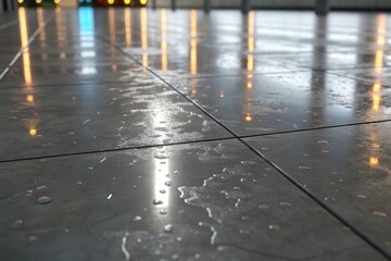 Detailed view of wet concrete surface reflecting lights in a modern interior setting