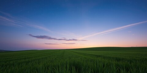 Serene Sunset Over a Verdant Field of Grass Under a Starry Twilight Sky