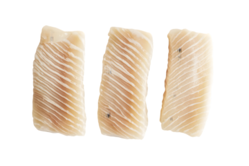 Three Slices of Raw, Scored Fish Fillet Isolated On A White Background, PNG Transparent