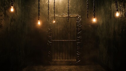 A dark room with a door that is locked