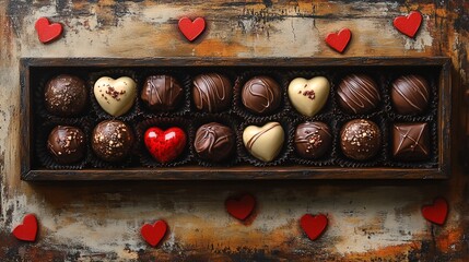 Wooden box of assorted chocolates, Valentine's Day, rustic background, gift