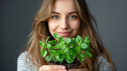 Smiling woman holding a small potted plant.