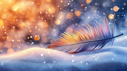 Artistic parrot feather gradient merging with a festive winter background of snow and golden light.