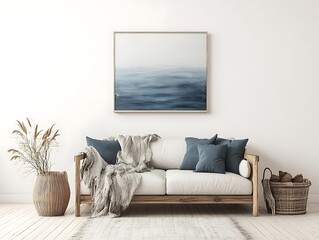 minimalist wooden frame mockup on white wall with cozy room accents