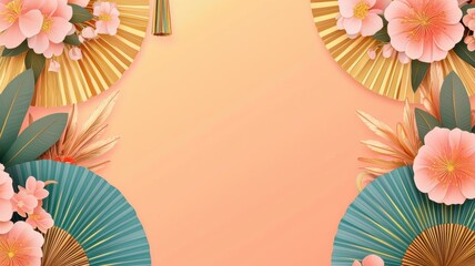 Chinese new year background. Colorful floral arrangement with fans on a soft peach background.