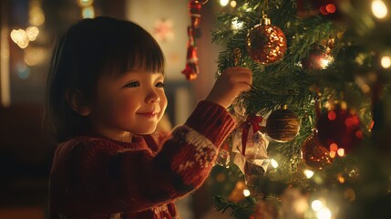 Joyful Child Decorating Christmas Tree with Ornaments