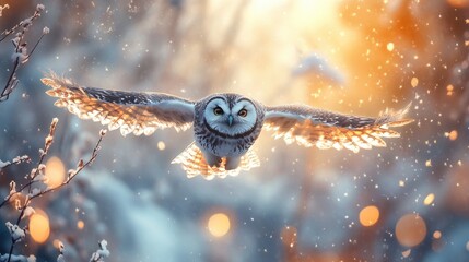 Fototapeta premium A fluffy owl captured in mid-flight, wings outstretched, against a bright white winter backdrop with glowing golden lights.
