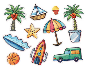 collection of stickers travel beach trip
