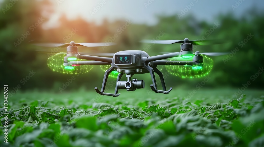 Poster a futuristic quantum powered drone monitoring a smart farmland displaying glowing holographic data o