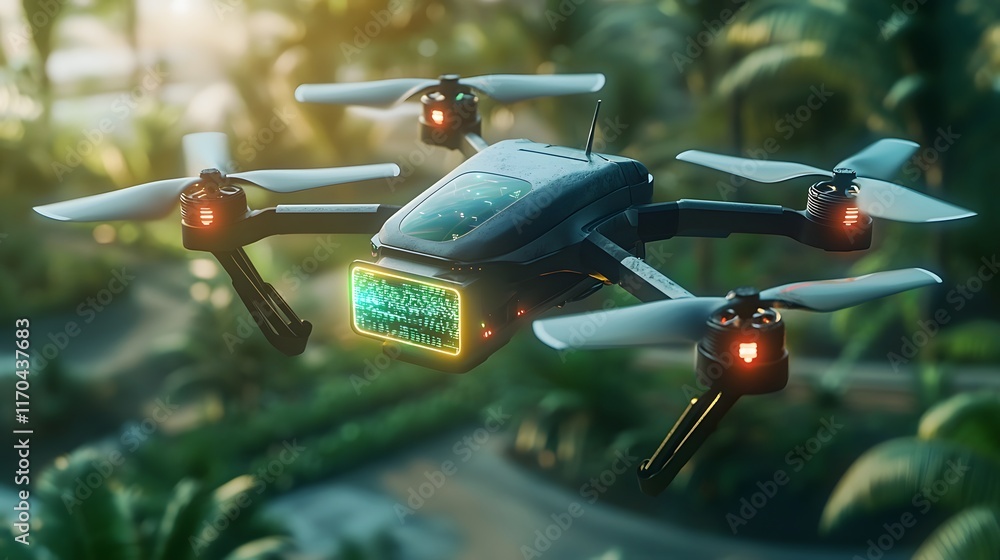Poster a futuristic quantum powered drone hovering over a smart farmland displaying glowing holographic dat
