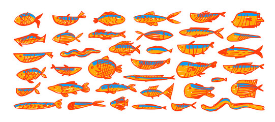 Various crayon drawn cute red and yellow fish with decorative patterns. Hand drawn vector marine creatures. Doodle collection of kids’ fish icons, featuring salmon, tuna, eel, and other creatures.