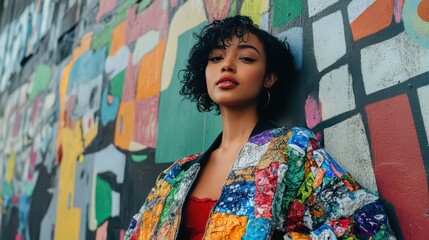 Fototapeta premium Vibrant Urban Portrait Against Colorful Mural Background
