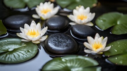 Serene Water Lilies and Smooth Black Stones Float Gently