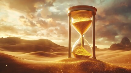 A golden hourglass is set on a sandy desert landscape