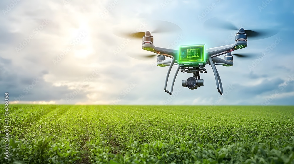 Aufkleber futuristic quantum powered drone surveying and monitoring smart farmland displaying glowing holograp