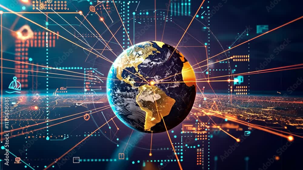 Poster exploring global connections through digital networks and air travel with a focus on technology and 