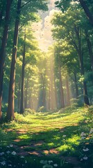 Fototapeta premium Serene forest pathway with sunlight filtering through lush trees.