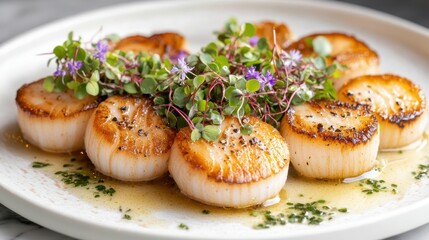 Seared scallops with microgreens and edible flowers