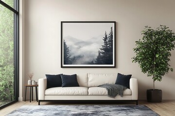 blank white frame mockup with modern sofa and potted plant in background