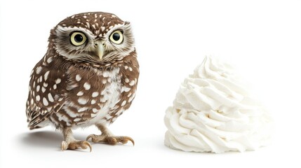 Fototapeta premium A playful owl gazing at a frothy swirl of whipped cream, isolated on a pristine white background, whimsical composition.