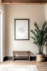 vertical photo frame mockup in sleek room with large floor plant