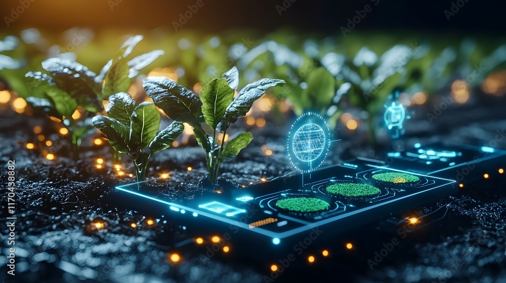 Poster quantum computing manages smart farming crop rotation with holographic crop icons and glowing fields
