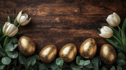 Obraz premium Golden Easter eggs and white tulips on wood.
