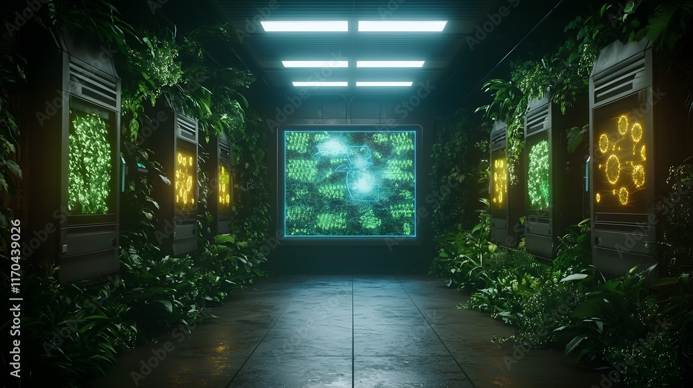 Poster a futuristic holographic quantum powered system that predicts pest infestations in smart farms displ