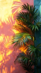 Vibrant Palm Fronds Casting Dramatic Shadows on a Warm-Colored Wall: Close-Up Photo. AI Generated