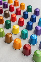 Colorful array of coffee pods arranged in a flat lay composition for brewing enjoyment